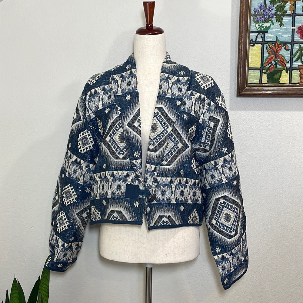 Geometric Patterned Blue and White Women's Jacket